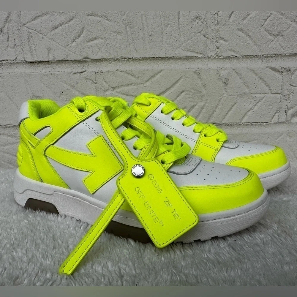 New Off-White Out Of Office Lemon/White Leather Sneakers Size 38 - Picture 2 of 14